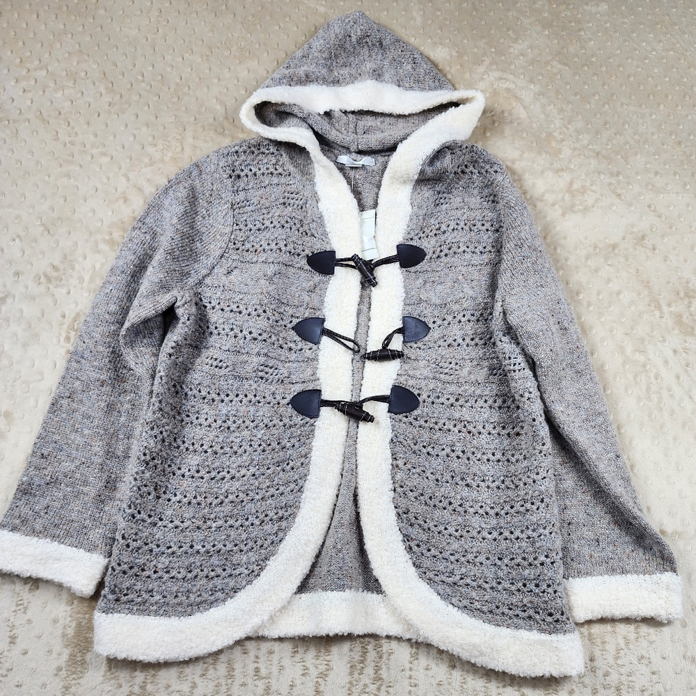 NWT CJ Banks Gray and Cream Trim Sweater Cardigan Toggle Button Size X